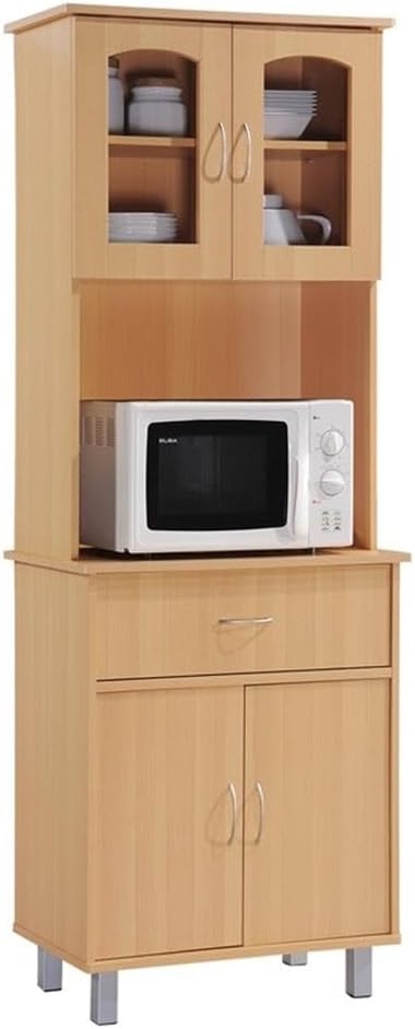 HODEDAH IMPORT Long Standing Kitchen Cabinet with Top & Bottom Enclosed Cabinet Space, One Drawer, Large Open Space for Microwave, White