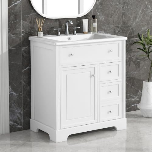30" White Bathroom Vanity with Single Sink Combo, Modern Undermount Bathroom Sink Cabinet with 2 Drawers and a Tip-Out Drawer, Freestanding Bathroom Vanities, Soft Closing, Solid Wood Frame (New II)