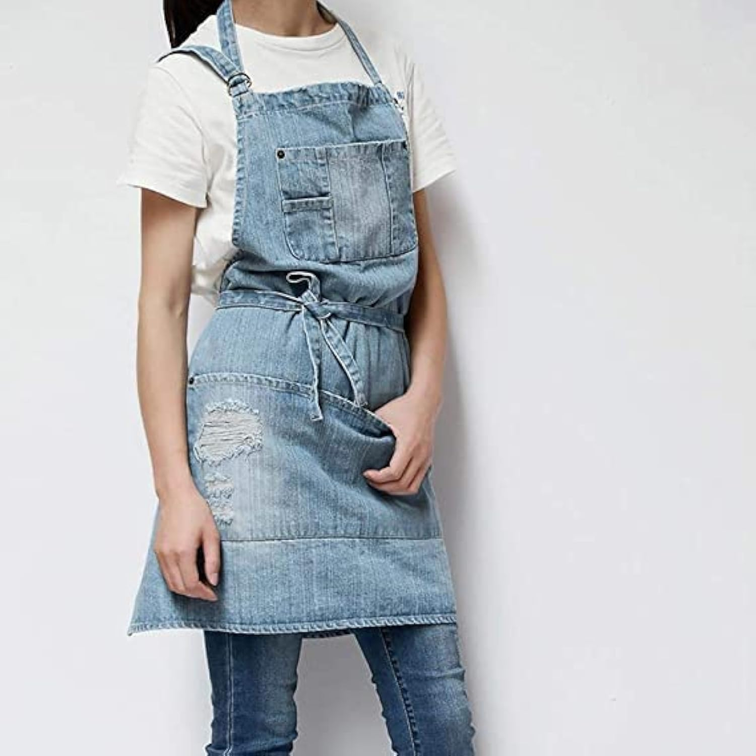 Jowcud Denim Apron With 5 Pockets for Cooking Kitchens,Hairstylist Aprons for Women Men,Adjustable Bib Jean Apron for Arts Gardening Cafes Bars Work C65