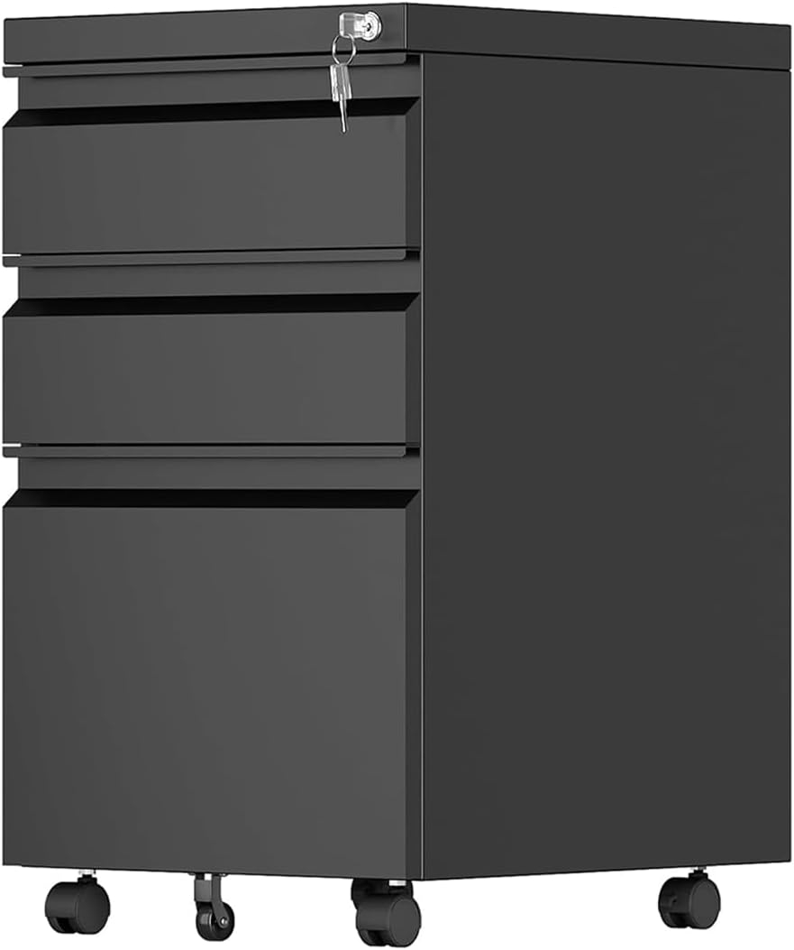 Aobabo 3 Drawer File Cabinet with Lock,Metal Filing Cabinet with Wheels for Home Office & Business Enterprise, Legal/Letter Size, Fully Assembled Except Wheels, Black