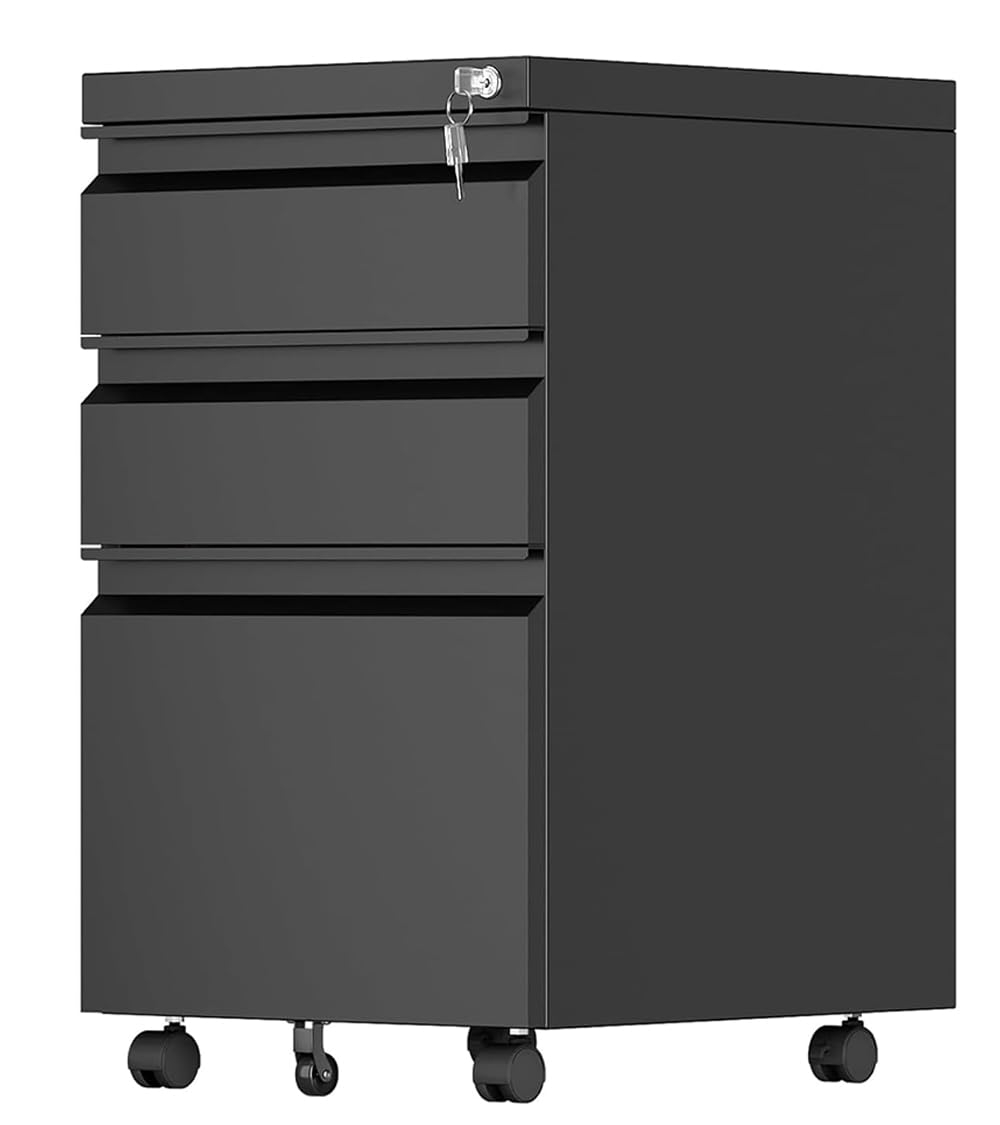 Aobabo 3 Drawer File Cabinet with Lock,Metal Filing Cabinet with Wheels for Home Office & Business Enterprise, Legal/Letter Size, Fully Assembled Except Wheels, Black
