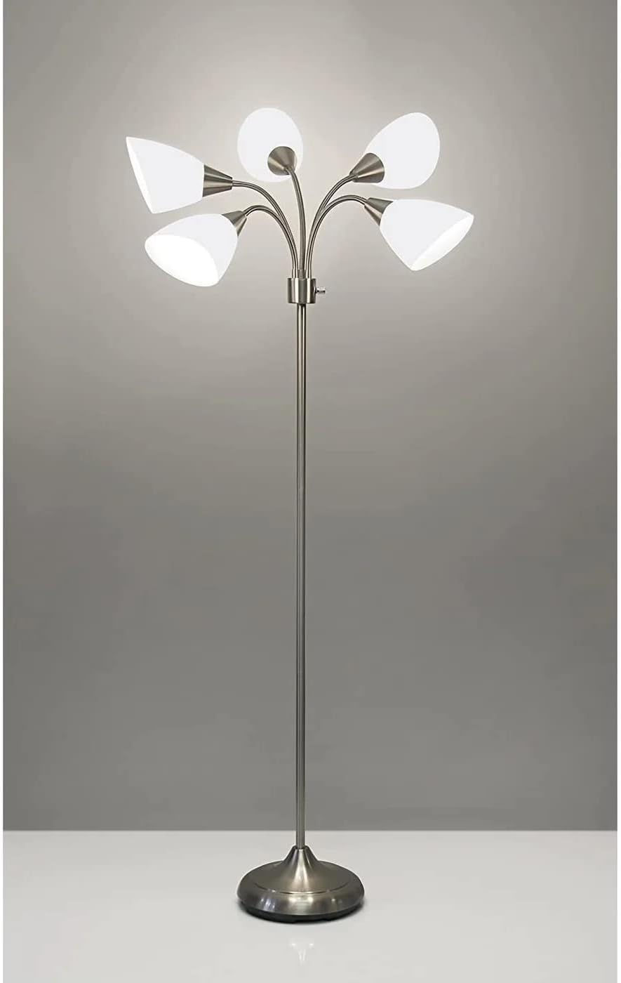 Adesso 7205-22 5-Light Multi-White Shade Floor Lamp Adjustable Gooseneck Arms Silver-