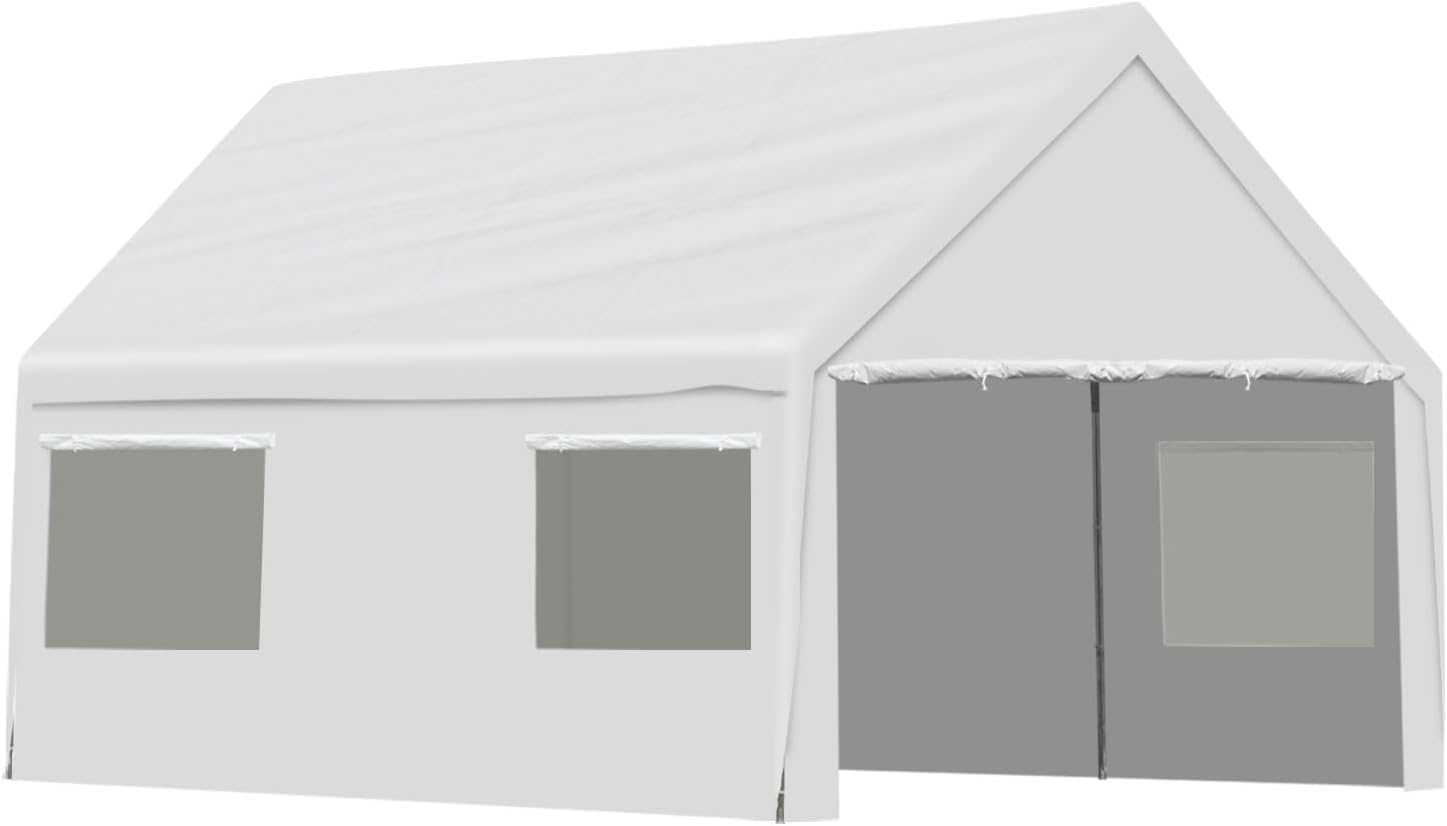 Aoodor 20 x 10 FT. Vehicle Carport Canopy Portable Garage Party Canopy Tent Boat Shelter, Heavy Duty Metal Frame with Removable Rool-up Sidewalls and Doors, White