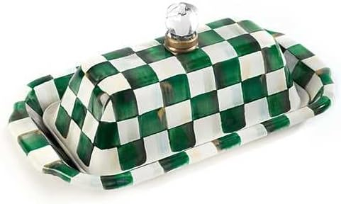 Black and White Checkered Enamel Butter Dish with Red Knob