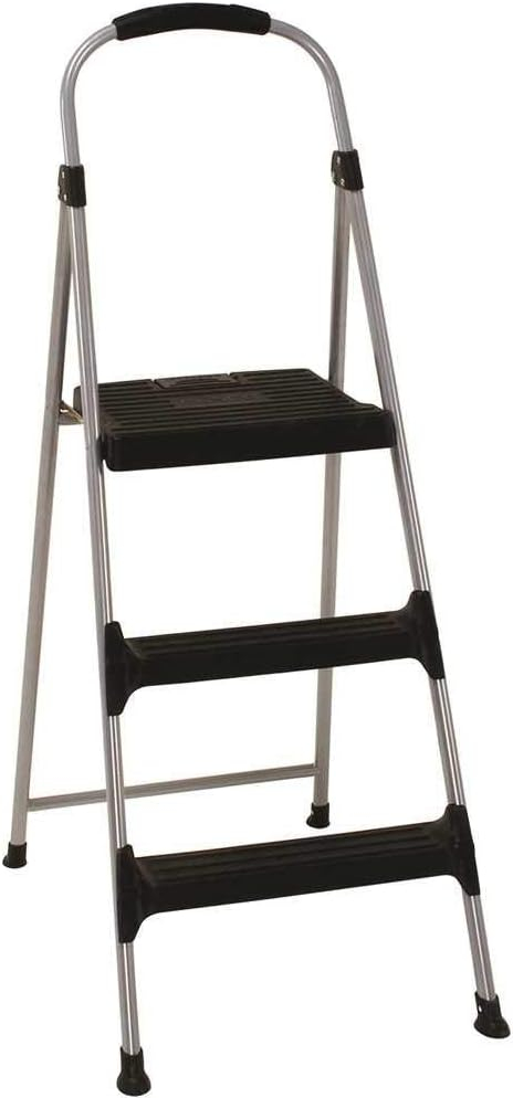 Cosco Signature Series Three Step Steel Step Stool with Plastic Steps, Silver and Black