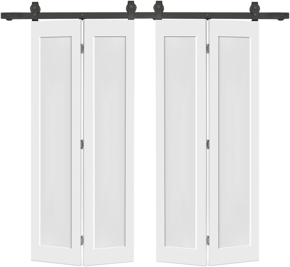 64 in. x 80 in. 1 Panel Shaker Hollow Core White Composite Double Bi-Fold Door with Barn Door Hardware Kit