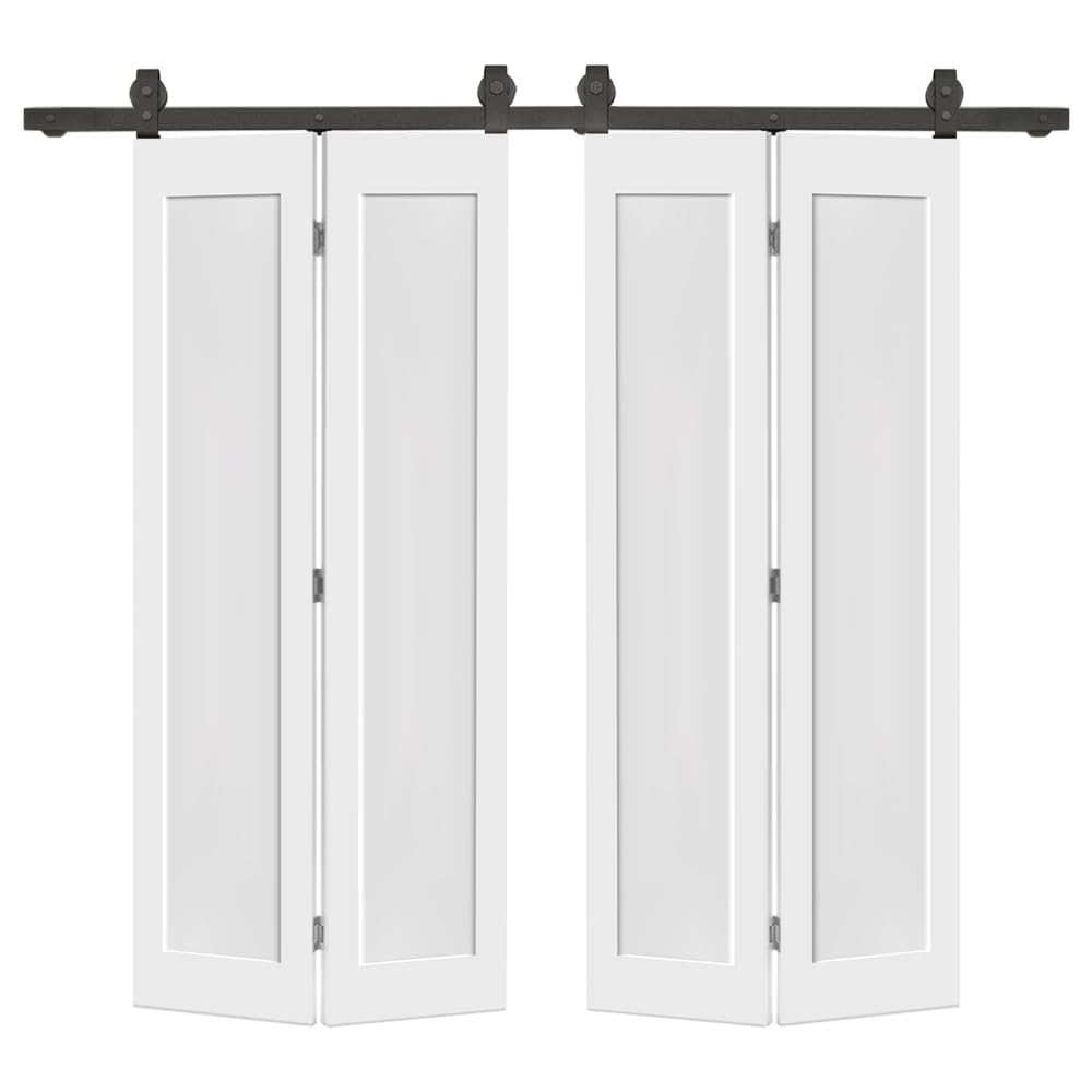64 in. x 80 in. 1 Panel Shaker Hollow Core White Composite Double Bi-Fold Door with Barn Door Hardware Kit
