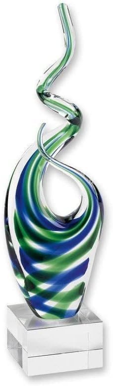 14" Blue and Green Murano Style Art Glass Sculpture on Crystal Pedestal