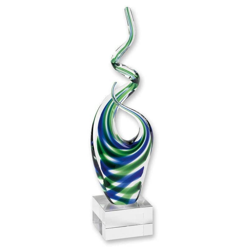 14" Blue and Green Murano Style Art Glass Sculpture on Crystal Pedestal