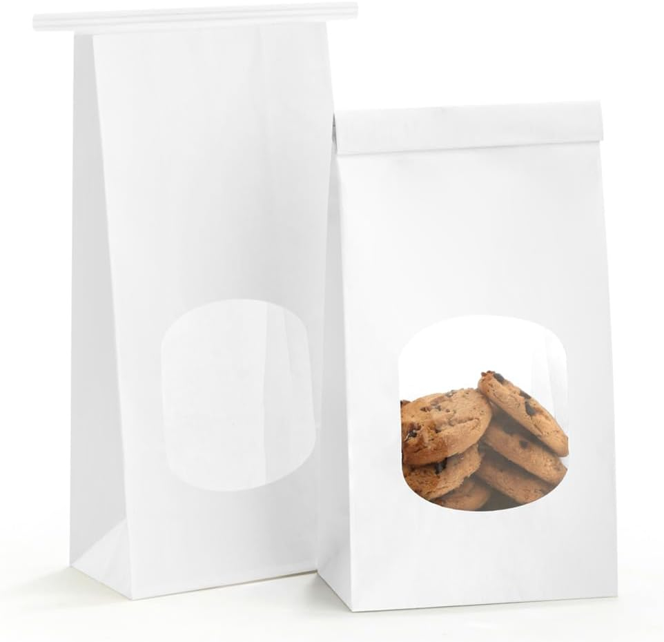BagDream Bakery Bags with Window 100Pcs 4.5x2.36x9.6 Inches White Kraft Paper Bags with Window, Tin Tie Tab Lock, for Bakrery, Cookie, Coffee Bean, Snack
