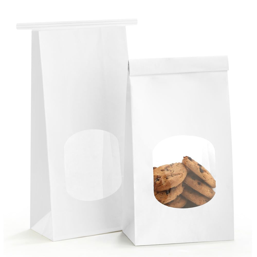 BagDream Bakery Bags with Window 100Pcs 4.5x2.36x9.6 Inches White Kraft Paper Bags with Window, Tin Tie Tab Lock, for Bakrery, Cookie, Coffee Bean, Snack