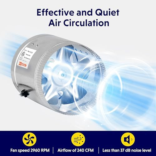 iPower 6 Inch Inline Duct Fan 240 CFM, HVAC Booster Exhaust Ventilation Fan with Low Noise for Basements, Bathrooms, Grow Tents, Kitchens and Attics, Silver