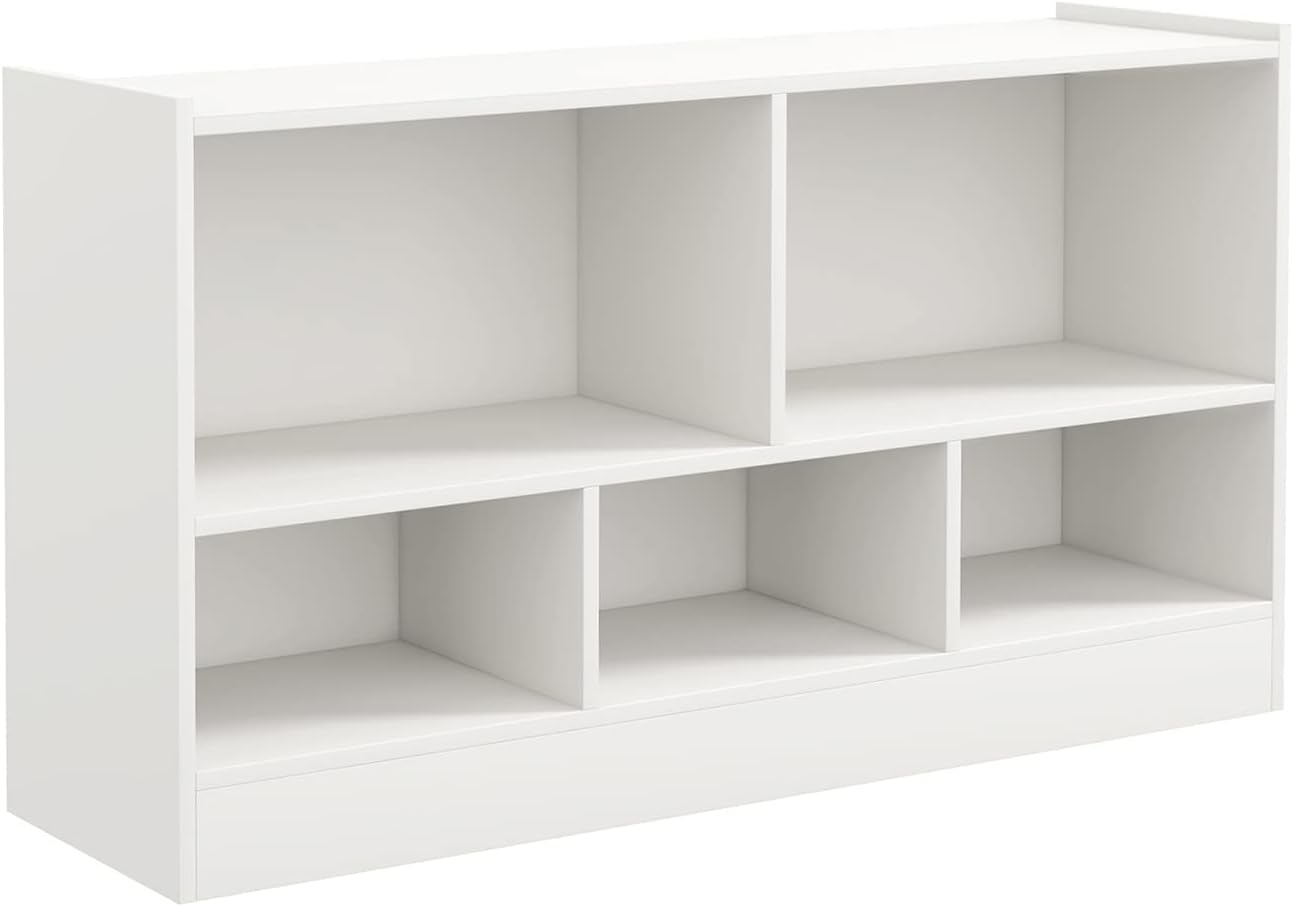 Killeryuki HOMGX Wooden Montessori Shelf for Kids, 5-Section Storage Cabinet, 2-Tier Open Kids Bookshelf, Toy Storage Organizer for Playroom, Classroom, White