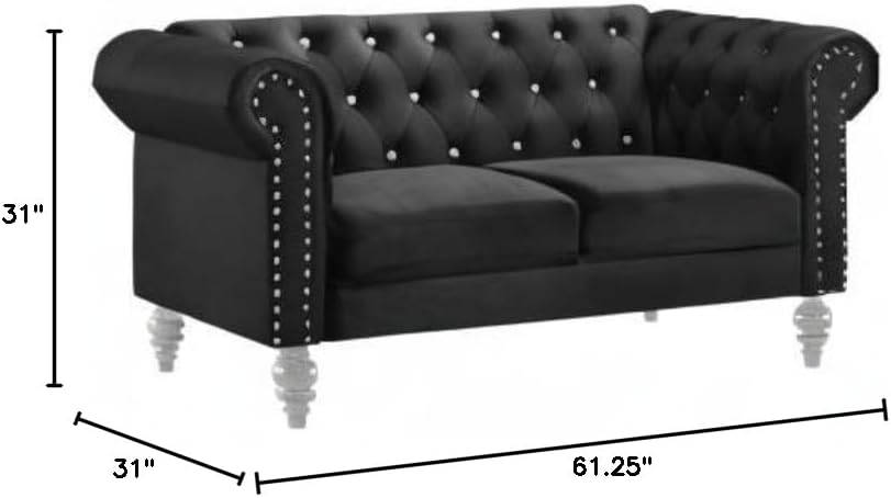 New Classic Furniture Glam Emma Velvet Two Seater Chesterfield Style Loveseat for Small Spaces with Crystal Button Tufts, Black