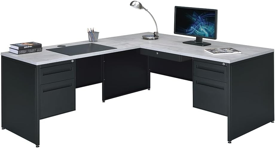 Gray Washed Maple Laminate L-Shaped Corner Desk with Filing Cabinet