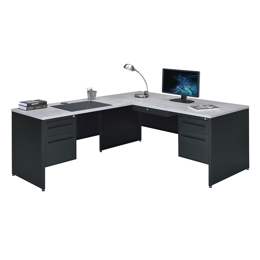 Gray Washed Maple Laminate L-Shaped Corner Desk with Filing Cabinet