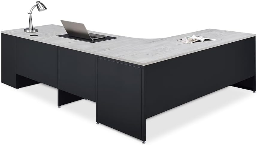 Oak and Black L-Shaped Executive Desk with Filing Cabinet
