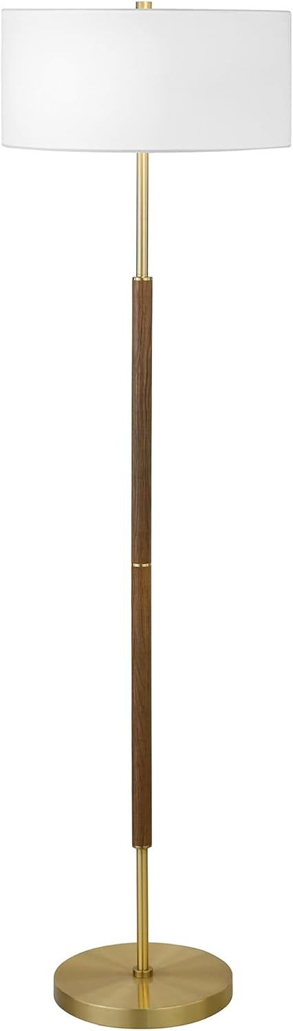 Evelyn&Zoe Simone 2-Light Floor Lamp with Fabric Shade, Rustic Oak/Polished Nickel/White