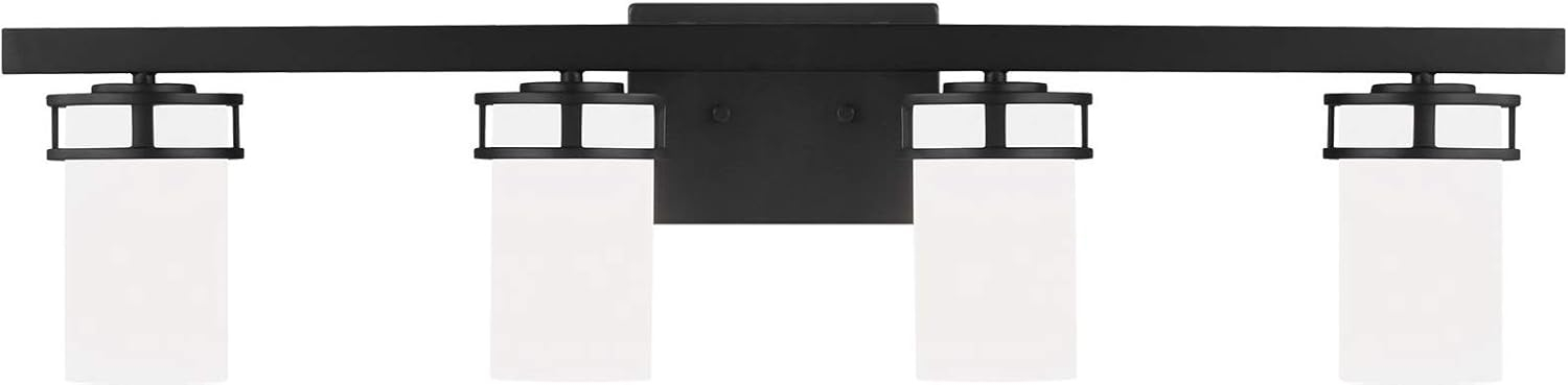 Robie 34 in. 4-Light Matte Black Transitional Rustic Wall Bathroom Vanity Light with Etched White Glass Shades