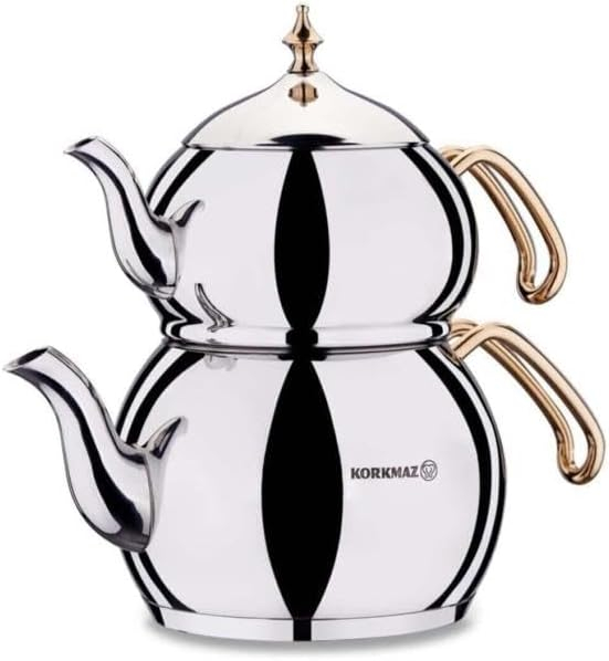 Korkmaz Hanedan Gold Turkish Teapot Set for Stovetop | 18/10 Stainless-steel Double Tea Maker with Ergonomic Gold Handles | Induction Compatible Samovar Style Tea Kettle, 3.3 qt