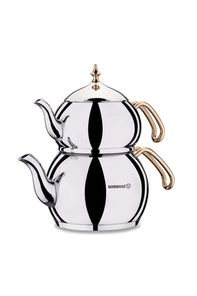 Korkmaz Hanedan Gold Turkish Teapot Set for Stovetop | 18/10 Stainless-steel Double Tea Maker with Ergonomic Gold Handles | Induction Compatible Samovar Style Tea Kettle, 3.3 qt