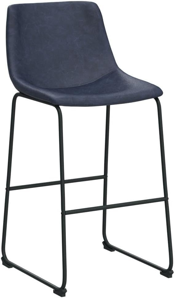 Walker Edison Douglas Urban Industrial Faux Leather Armless Bar Chairs, Set of 2, Navy Blue