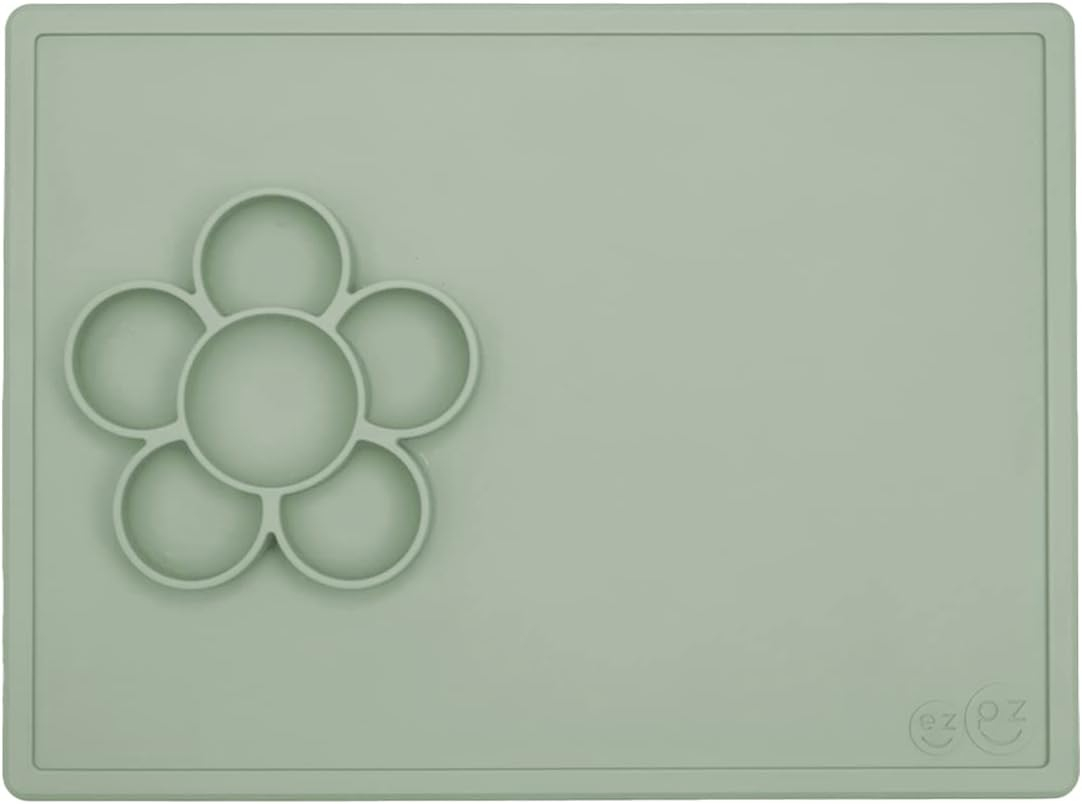 ezpz Play Mat for Baby + Toddler - 6 Months+ (Sage) - Suction Plate with Flower Compartments for Crafts, Painting, Sorting, Snack Time - Fits Standard Piece of Paper