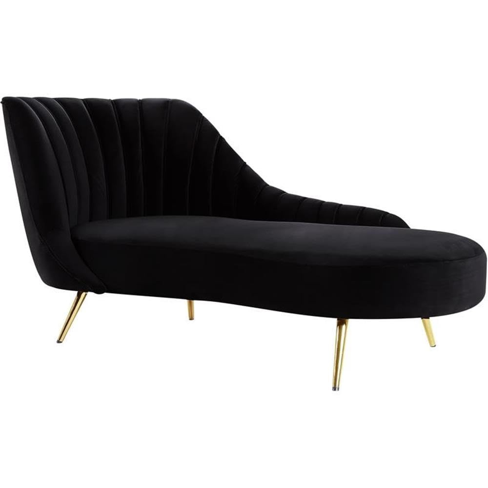 Meridian Furniture Margo Collection Modern | Contemporary Velvet Upholstered Chaise with Deep Channel Tufting and Rich Gold Stainless Steel Legs, Black, 74" W x 37.5" D x 35" H