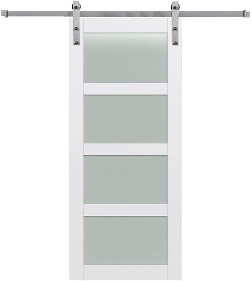 National Door Company, Barn Door Kit Door & Hardware, MDF, 84" x 84", 4-Lite Frosted, Frosted Collection, Universal Handing