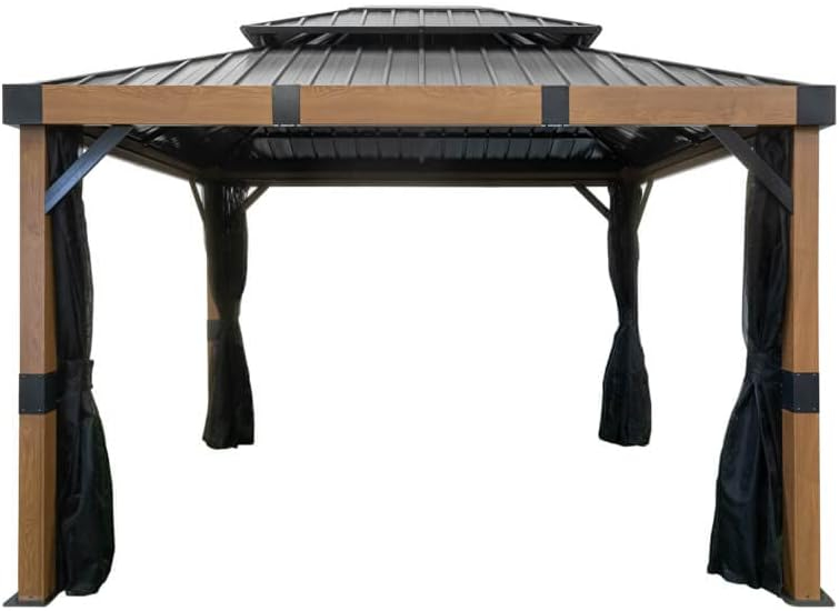 Sojag Outdoor 10' x 12' Fontana Hardtop Double Roof Gazebo Outdoor Sun Shelter, Wood and Black