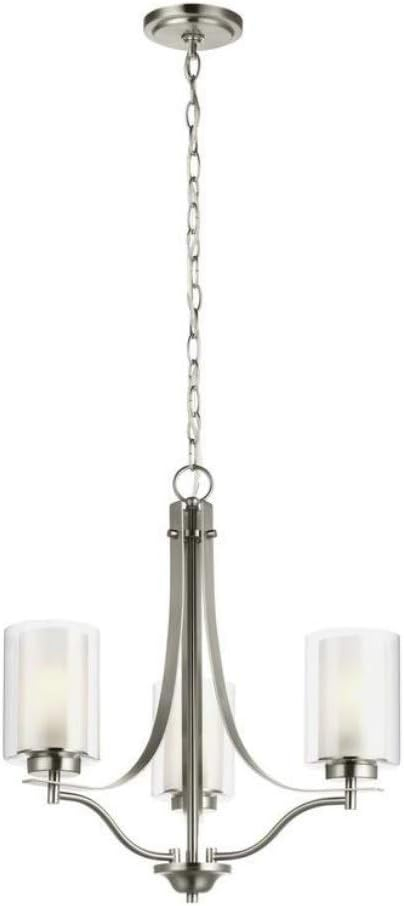 Elmwood 3-Light Brushed Nickel Modern Transitional Hanging Candlestick Chandelier with Satin Etched Glass Shades