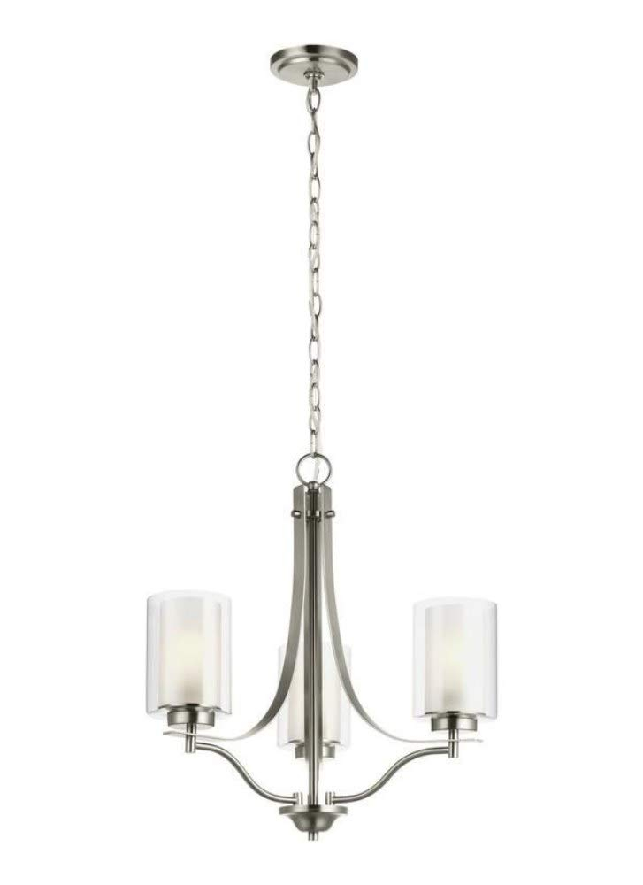 Elmwood 3-Light Brushed Nickel Modern Transitional Hanging Candlestick Chandelier with Satin Etched Glass Shades