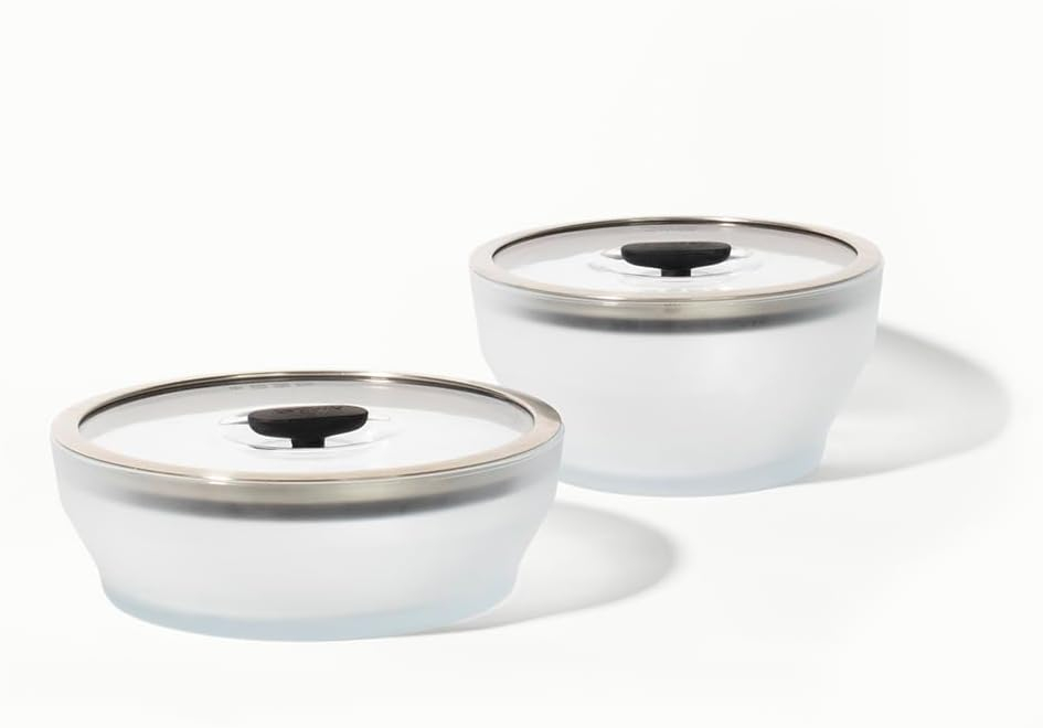 Large Frosted Glass Microwave Cookware Set with Silicone-Rimmed Lids