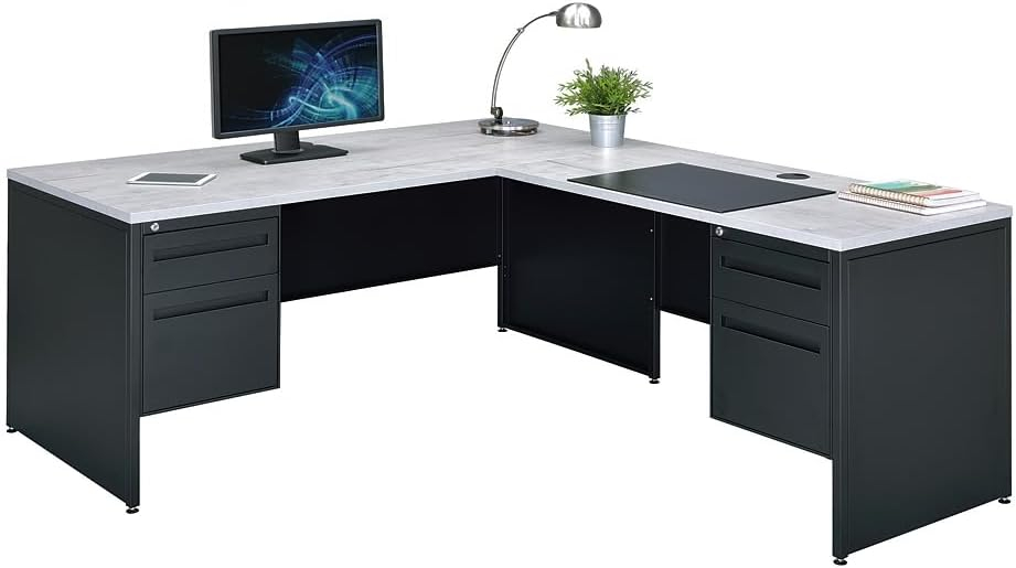 Gray and Black L-Shaped Executive Desk with Filing Cabinet