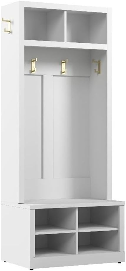Hampton Heights 30W Hall Tree and Shoe Bench in White - Engineered Wood
