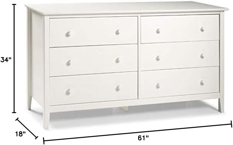 Alaterre Furniture Simplicity 6-Drawer Dresser for Kids Bedroom, Sturdy Brazilian Pine and Pine Veneers, White Finish with Metal Drawer Glides