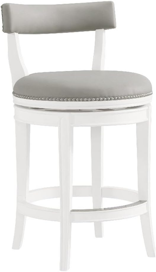 Hanover Swivel Counter Height Bar Stool, 26-Inch Seat Height, White and Gray, Solid Rubberwood Frame with Faux Leather Upholstery, Nailhead Trim, Memory Return Swivel Mechanism