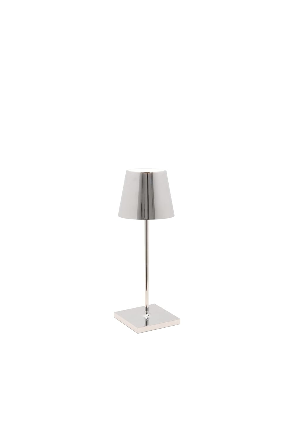 Zafferano Poldina Pro Mini Table Lamp Color: Glossy Chrome in Aluminum, IP54 Protection, Contact Charging Base Included, 11, USA Plug