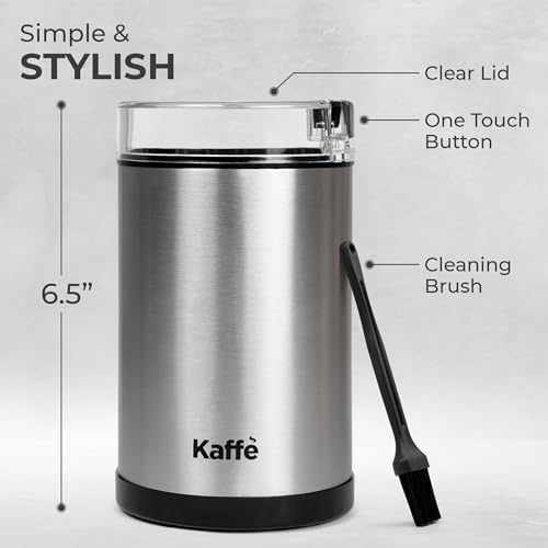 Kaffe One-Touch Coffee Grinder Electric w/Cleaning Brush (3 oz) - Stainless Steel - Coffee Grinders for Home Use - Up to 12 Cups of Coffee per Grind - Easy On/Off Coffee Bean Grinder - Silver