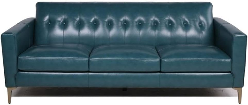 Turquoise Leather Tufted Sofa with Removable Cushions