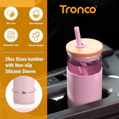 Tronco 20 oz Glass Tumbler with Lid & Straw - Iced Coffee Cup & Smoothie Cup With Silicone Sleeve | BPA-Free, Dishwasher Safe | Reusable Glass Cups with Bamboo Lids and Straws (Amber, 1 Count)