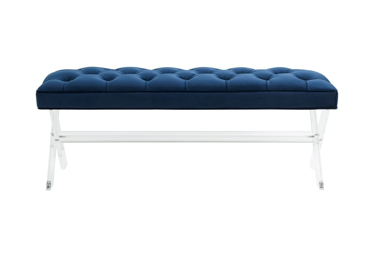 Safavieh Couture Home Collection Tourmaline Glam Navy Blue Velvet Tufted Acrylic Living Room Bedroom Dining Foyer Entryway Ottoman Bench