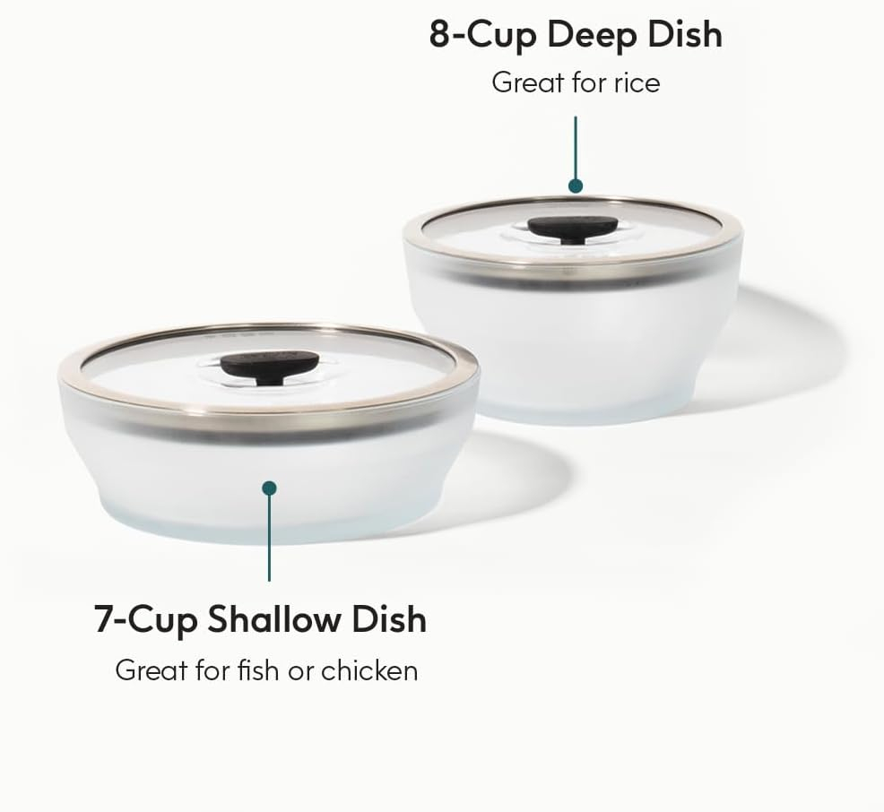 Large Frosted Glass Microwave Cookware Set with Silicone-Rimmed Lids