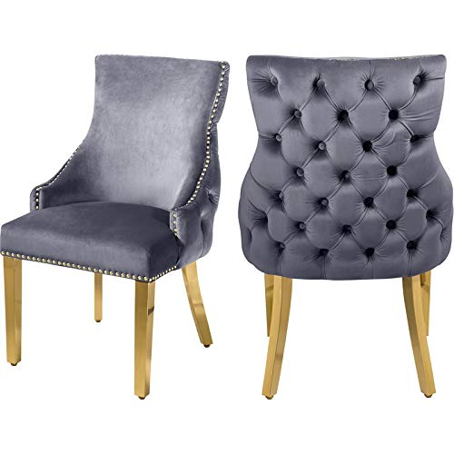 Meridian Furniture Tuft Gray Velvet Dining Chair in Gold Finish (Set of 2)