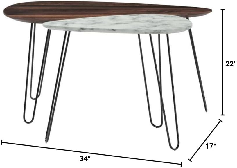 34" Bodhi Wood and Faux Marble Nesting Coffee Table Set Walnut/White Marble/Matte Black - Nathan James