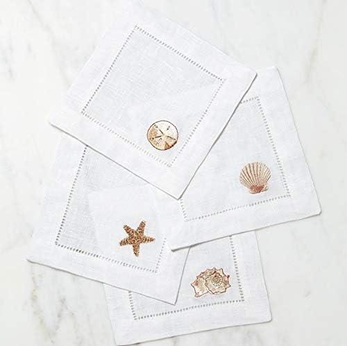 White Linen Embroidered Beachcomber Cocktail Napkins, Set of 4