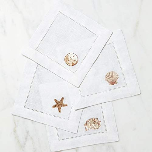 White Linen Embroidered Beachcomber Cocktail Napkins, Set of 4
