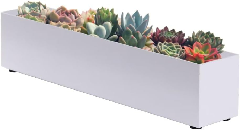 16" Window Box Rectangular Succulent Planting Box Metal Table Sill Planter Pots Modern Long Durable for Small Herb with Drainage Hole for Indoor Outdoor, with 4 Free Rubber Mats, White