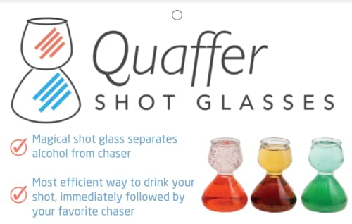 QUAFFER Double Bubble Layered Shot Glass Plus Recipe Card Glass Clear 1.25oz On Top, 2.25 oz On Bottom (Set of 4)