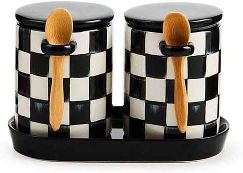 Black and White Ceramic Checkered Canister Set with Wooden Spoons